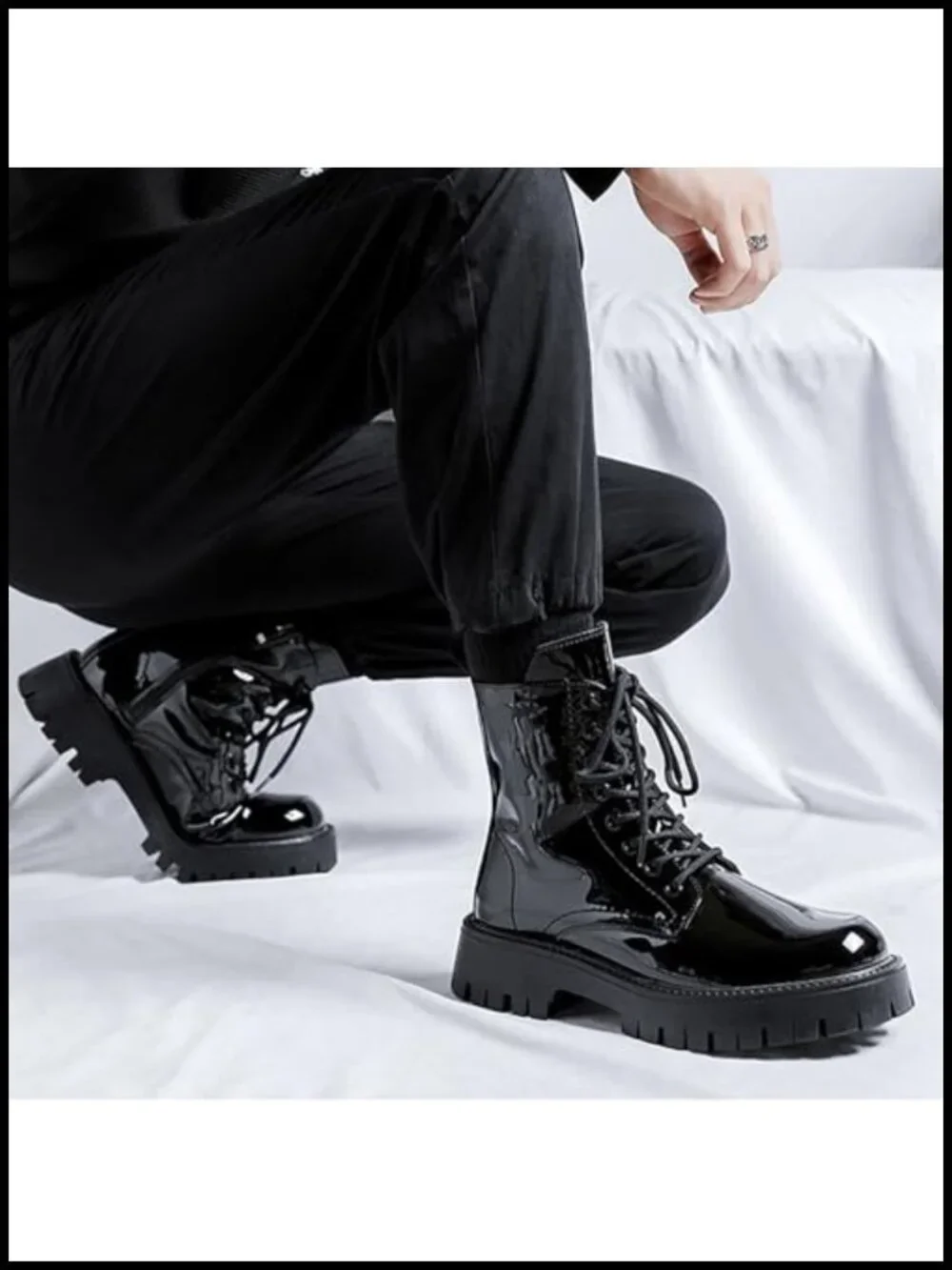 Men's Patent Leather Platform Combat Boots Side Zipper Wide Toe Lace Up Chunky